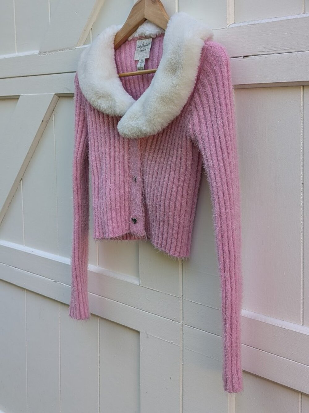 Baby Phat x Forever 21 Pink Fuzzy Faux Fur Collar Heart Button Cardigan L